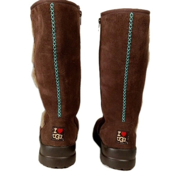 UGG Australia Tall Boots Women 10 Brown Suede Zip up I HEART Kisses Aztec Boho - Picture 4 of 11